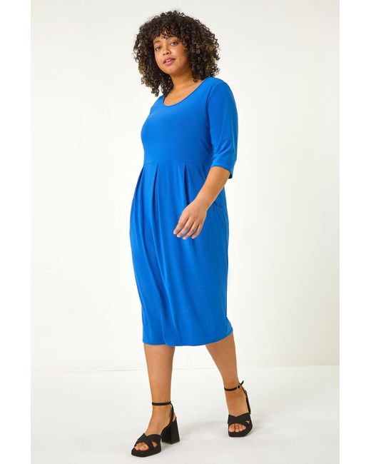 Roman Curve Blue Pocket Shift Midi Dress