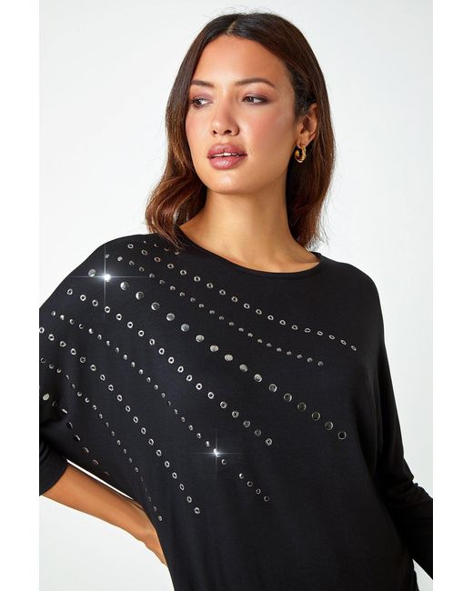 Roman Black Embellished Blouson Stretch Top