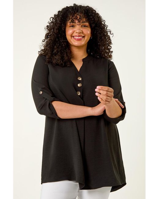 Roman Curve Black Textured Buttoned Tunic Top