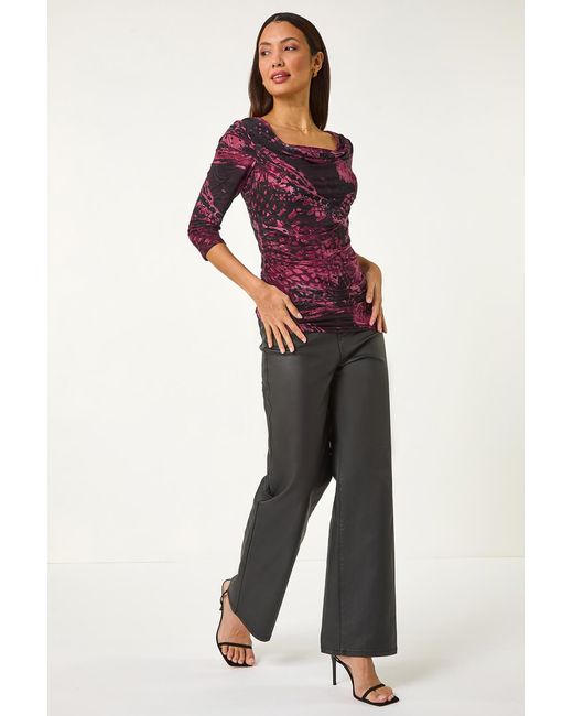 Roman Red Printed Cowl Neck Stretch Top