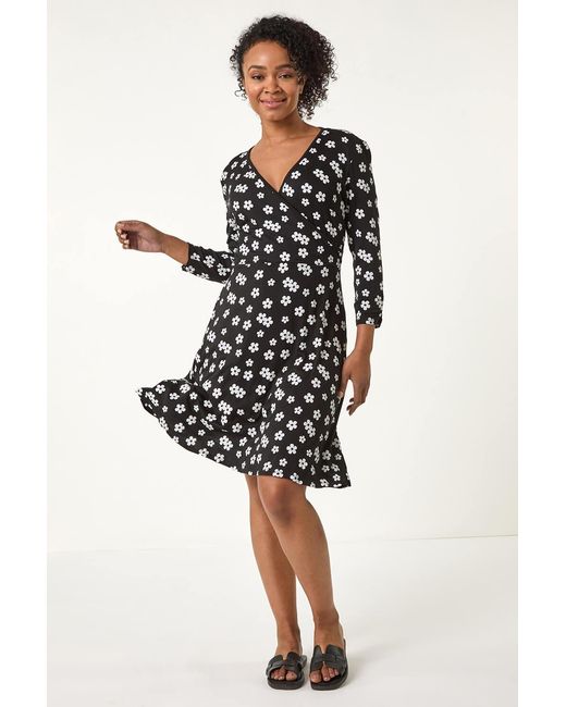 Roman Petite Black Floral Stretch Wrap Dress