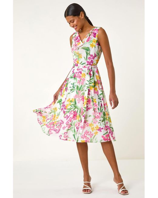 Roman Red Floral Print Cowl Neck Dress