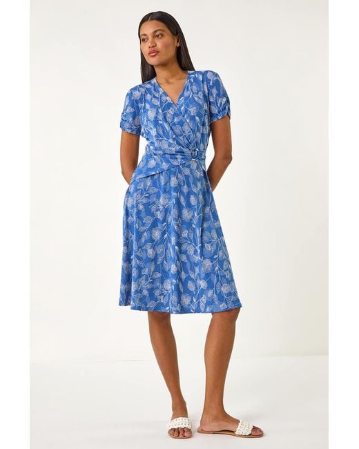 Roman Blue Floral Print Ring Detail Midi Dress