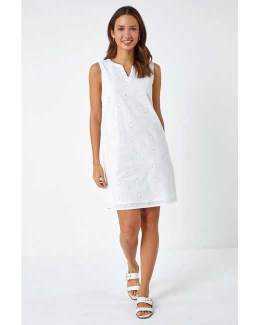 Roman White Embroidered Cotton Shift Dress