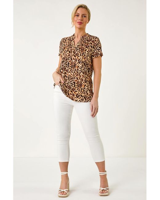 Roman Petite Brown Floral Print V-Neck Stretch Top