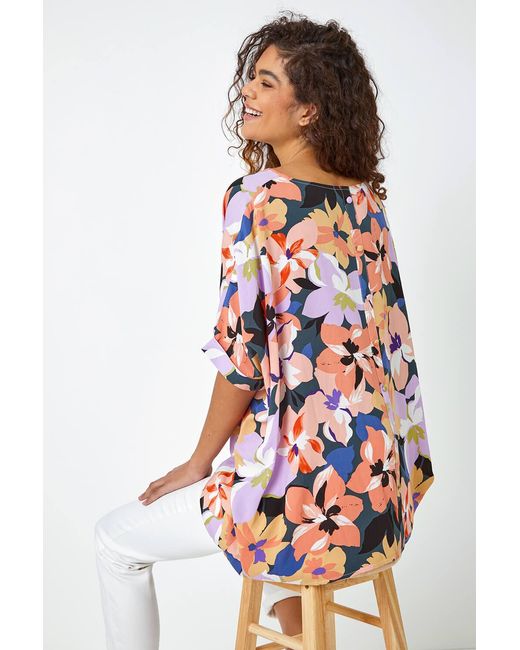 Roman White Floral Print Button Back Top