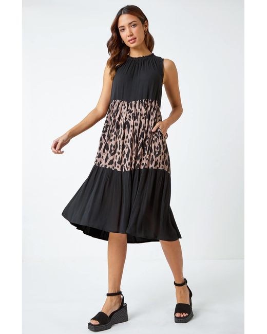 Roman Black Leopard Print Panel Smock Dress