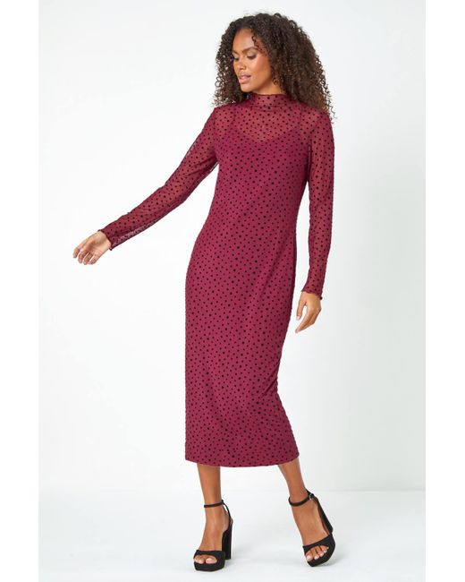 D.u.s.k Red Polka Dot Mesh Stretch Bodycon Midi Dress
