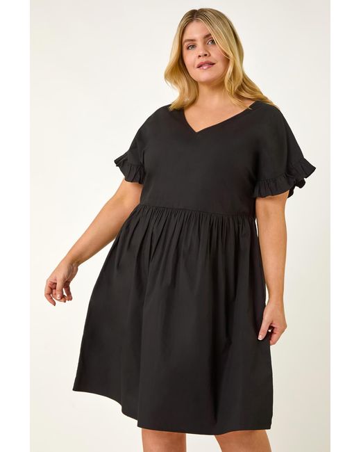 Roman Curve Black Cotton V-Neck Frill Dress
