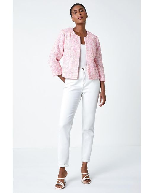 Roman Pink Smart Textured 3/4 Sleeve Boucle Jacket