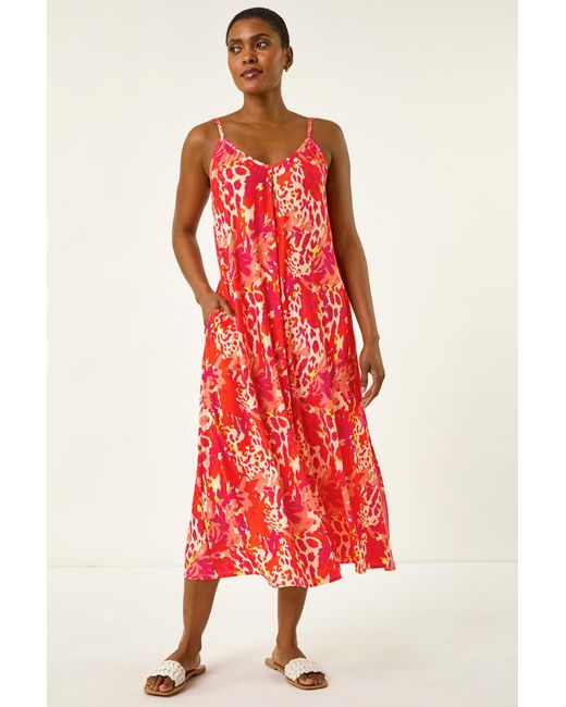 Roman Red Abstract Print Swing Midi Stretch Dress