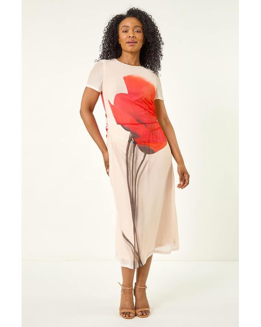 Roman Petite Pink Tulip Motif Mesh Midi Dress
