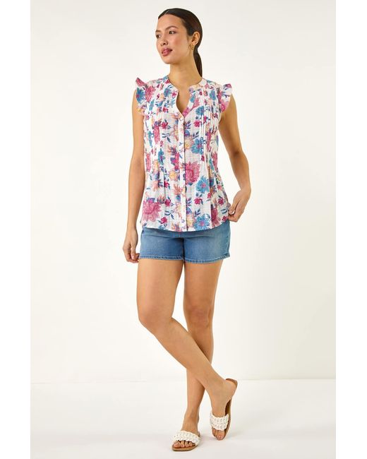 Roman White Floral Print Pintuck Frill Blouse