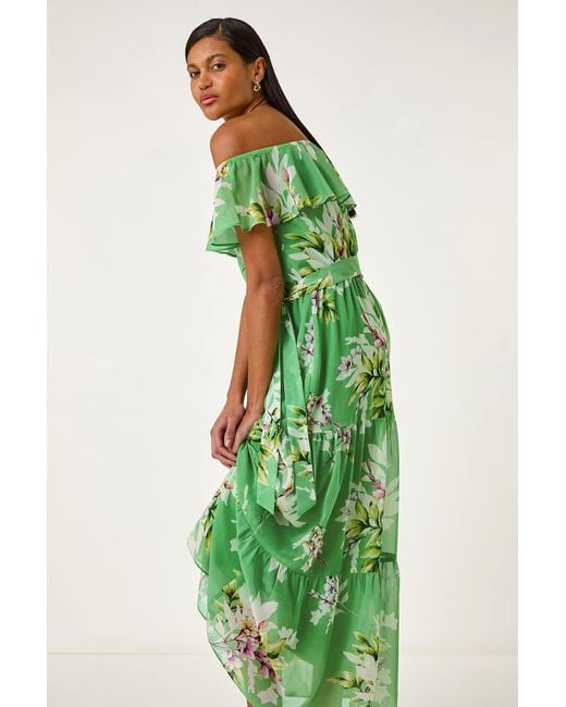Roman Green Floral Bardot Belted Maxi Dress