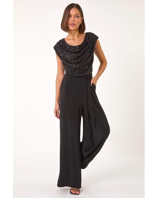 Roman Black Sequin Bodice Cowl Neck Jumpsuit