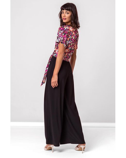 Roman Black Ditsy Floral Print Tie Detail Jumpsuit