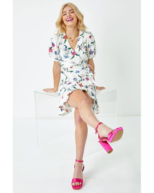 D.u.s.k White Floral Print Frill Wrap Dress