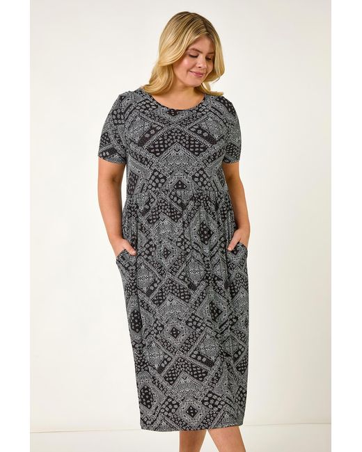 Roman Curve Black Paisley Print Stretch Midi Dress