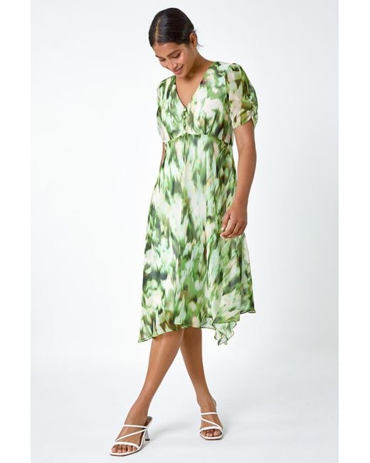 Roman Green Abstract Print Hanky Hem Chiffon Dress
