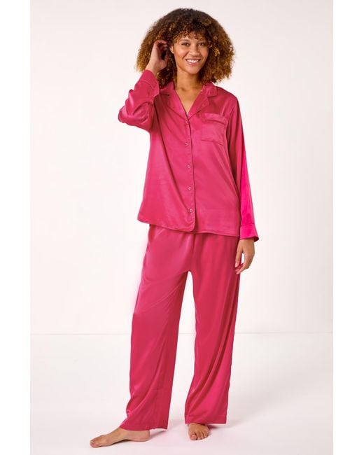 Roman Pink Satin Revere & Collar Pyjama Set