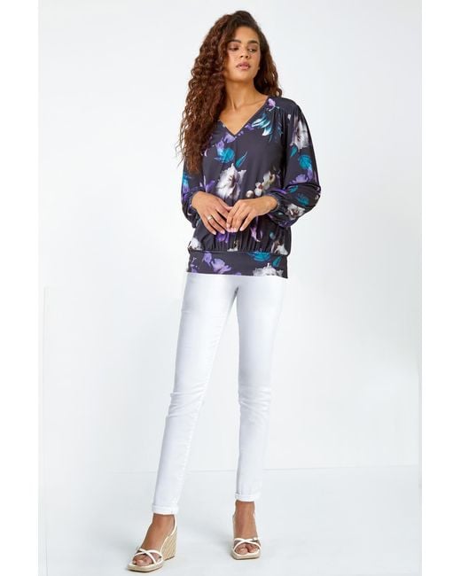 Roman Blue Floral Print V-Neck Blouson Stretch Top