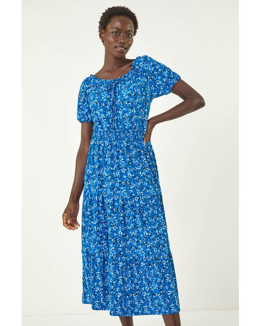 Roman Blue Ditsy Print Frill Stretch Midi Dress