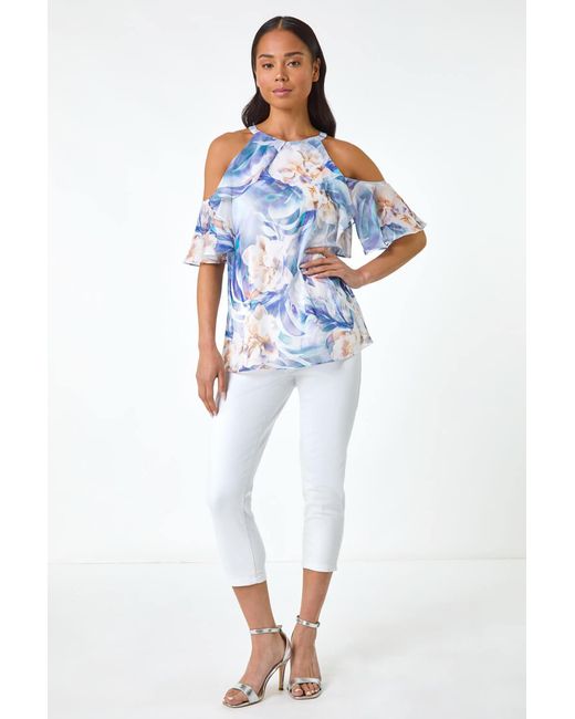 Roman Petite Blue Floral Print Cold Shoulder Top