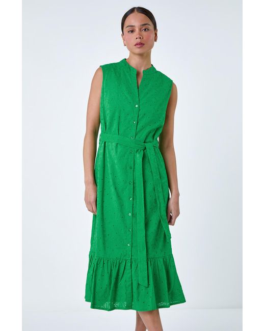 Roman Green Petite Cotton Broderie Frill Midi Dress