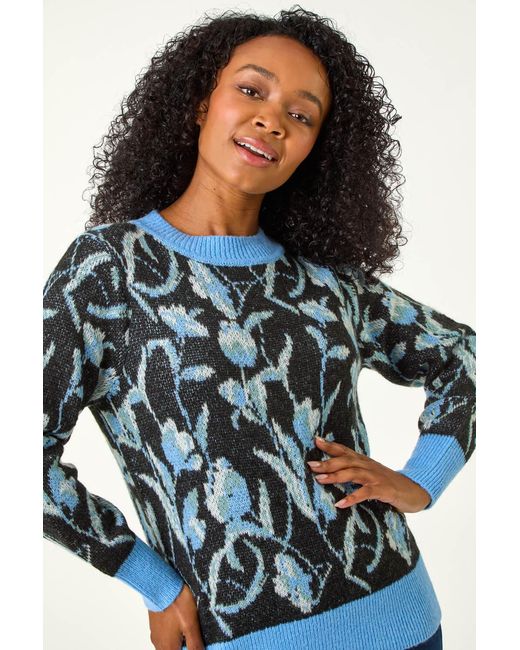 Roman Petite Blue Floral Jacquard Knit Jumper