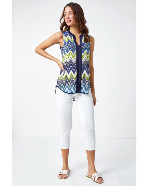 Roman Blue Zig Zag Notch Neck Jersey Top
