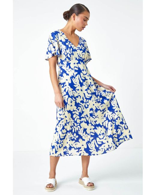 Roman Petite Blue Floral Print Midi Dress