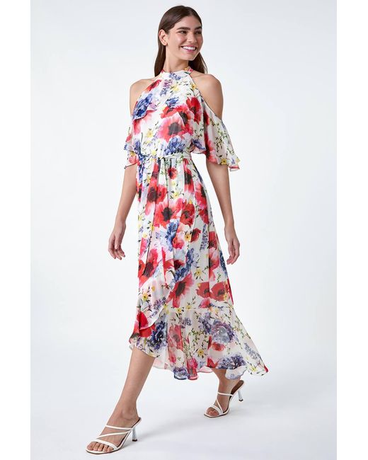 Roman Red Poppy Floral Frill Halterneck Dress