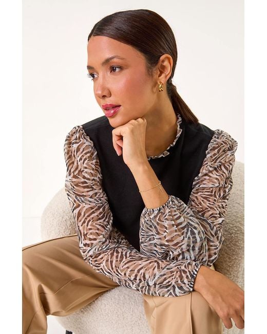 Roman Brown Contrast Animal Print Mesh Stretch Top