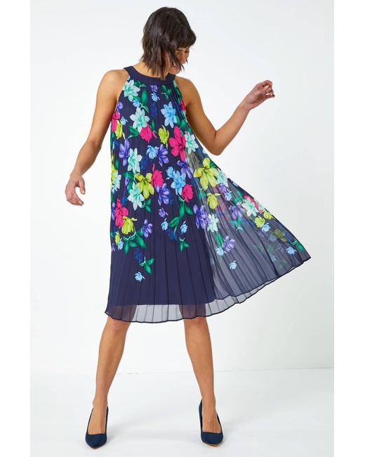 Roman Blue Halter Neck Floral Pleated Chiffon Swing Dress