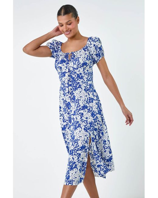 Lilly-and-Hope Blue Floral Tie Detail Midi Dress