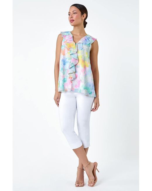 Roman White Floral Print V-Neck Ruffle Front Top