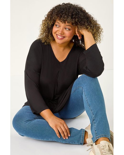 Roman Curve Blue V-Neck Pleat Tunic Top
