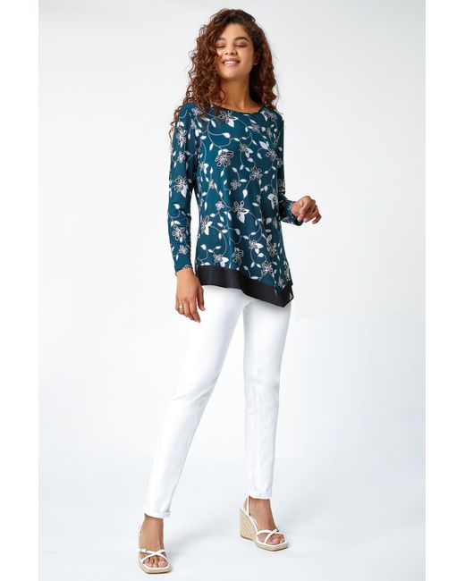 Roman Blue Floral Print Chiffon Hem Stretch Top