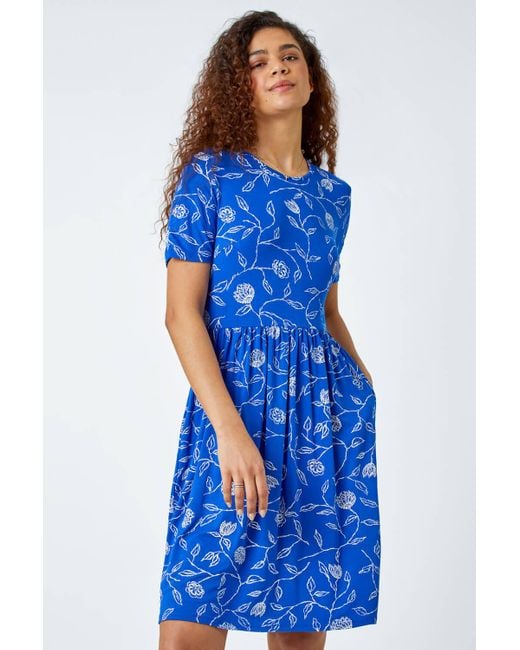 Roman Blue Floral Pocket Stretch T-shirt Dress