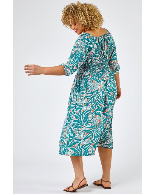 Roman Curve Green Palm Leaf Print Shirred Midi Dress
