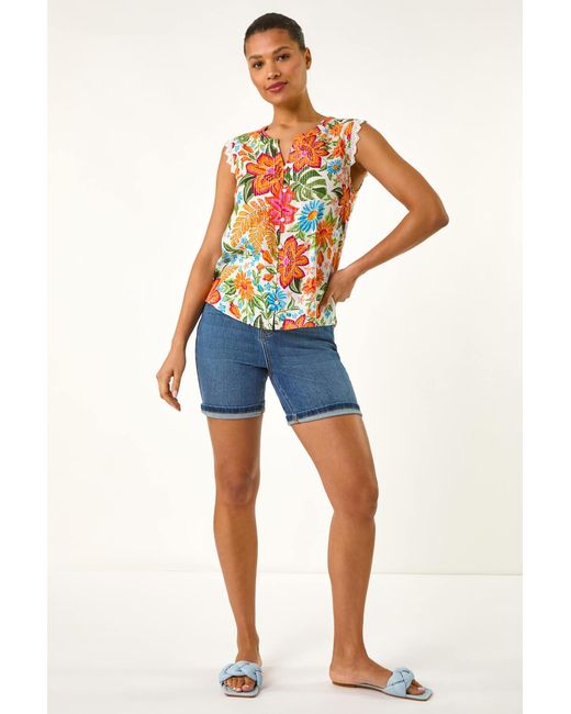 Roman Orange Floral Print Lace Detail Blouse