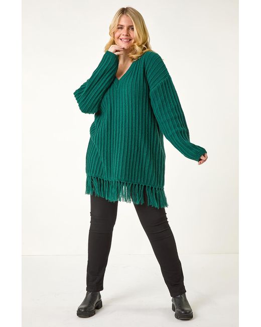 Roman Curve Green V-Neck Tassel Hem Knit Jumper