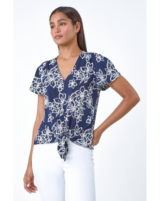 Roman Blue Textured Floral Print Tie Front Top