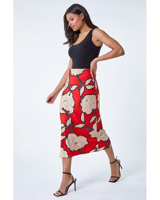 Roman Red Floral Satin Bias Cut Midi Skirt