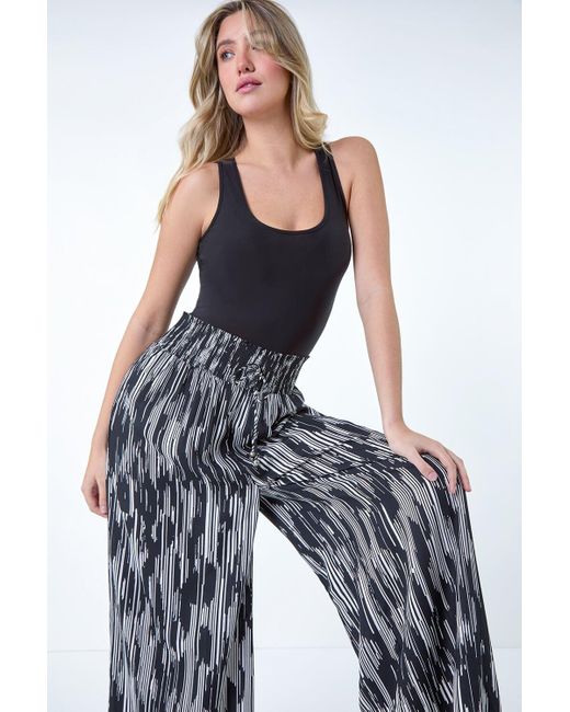 Roman White Dusk Fashion Abstract Stretch Shirrred Wide Leg Trousers