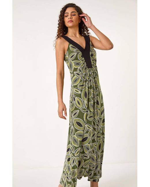 Roman Green Leaf Print Contrast Band Maxi Dress