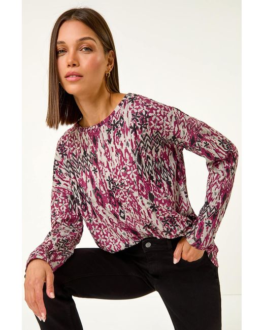 Roman Red Floral Ikat Print Ribbed Top
