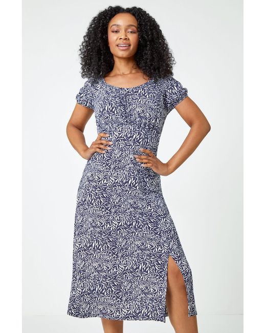 Roman Petite Blue Leaf Print Midi Stretch Dress