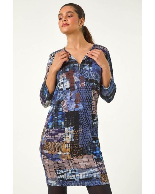 Roman Blue Pebble Spot Zip Detail Midi Dress