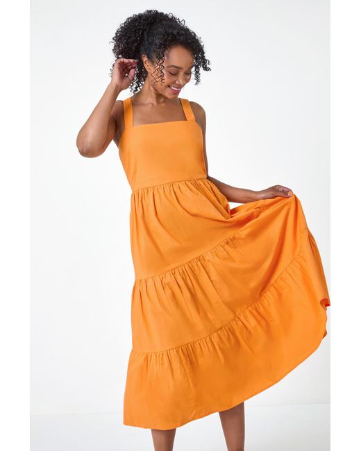Roman Petite Orange Tiered Cotton Shirred Midi Dress